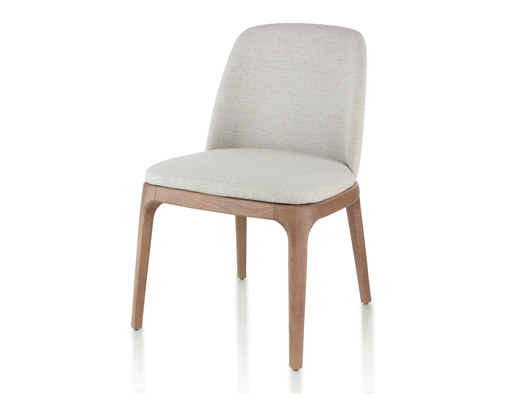 Chaise design bois teinte noyer et tissu beige naturel Chaise design bois teinte noyer et tissu beige naturel