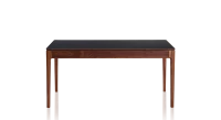 Table extensible en noyer et céramique allonges bois avec bois teinte naturelle et plateau céramique noir unie 140x100 cm