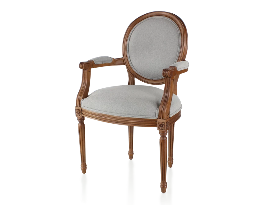 Chaise ancienne style Louis XVI avec accoudoirs bois teinte ancienne et tissu gris clair
