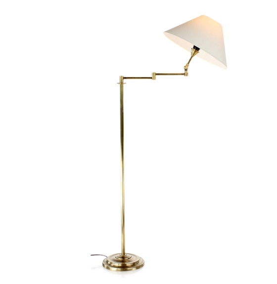 Gold articulated living room floor lamp with ivory lampshade