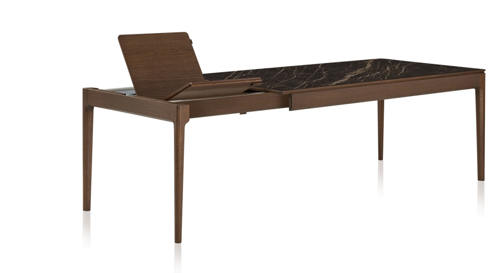 Table extensible 6 à 10 personnes en chêne et céramique allonges bois avec bois teinte marron foncé et plateau céramique effet marbre noir 140x90 cm Table extensible 6 à 10 personnes en chêne et céramique allonges bois avec bois teinte marron foncé et plateau céramique effet marbre noir 140x90 cm