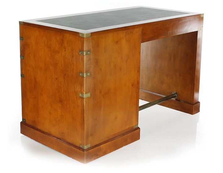 Bureau marine 5 tiroirs bois teinte merisier et cuir vert Bureau marine 5 tiroirs bois teinte merisier et cuir vert