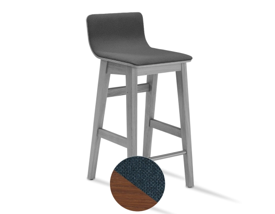 Tabouret de bar en chêne H60 cm bois teinte noyer assise tissu bleu océan