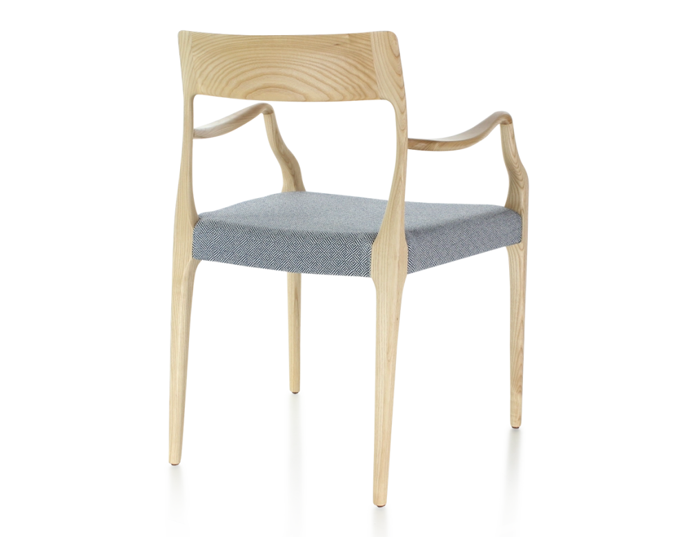 Scandinavian armchair with armrests natural stained wood, blue chevron fabric seat Scandinavian armchair with armrests natural stained wood, blue chevron fabric seat