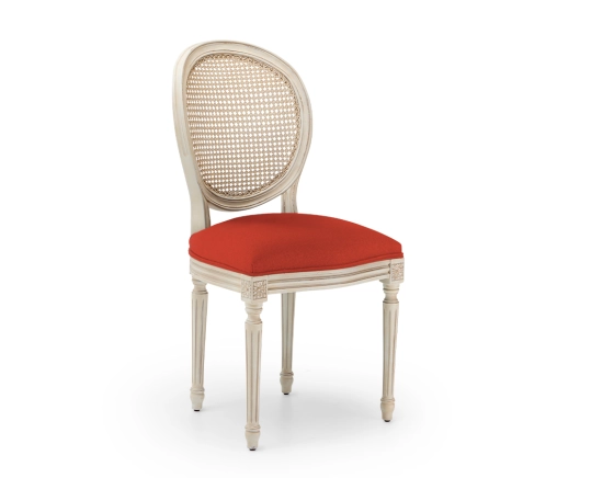 Chaise ancienne style Louis XVI bois teinte blanche cérusée dossier canné assise tissu orange brulé
