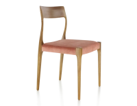 Chaise scandinave bois teinte merisier assise tissu velours rose pâle Chaise scandinave bois teinte merisier assise tissu velours rose pâle