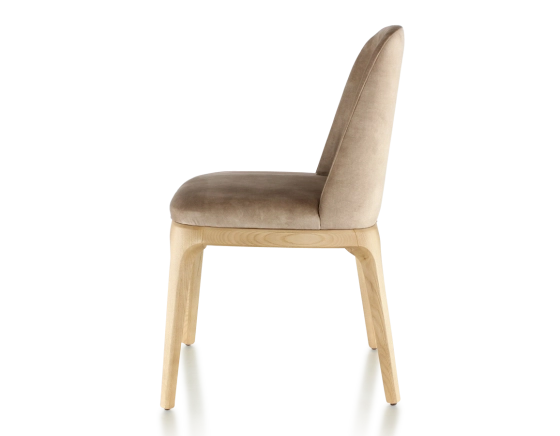 Designer chair natural stained wood and light taupe velvet fabric