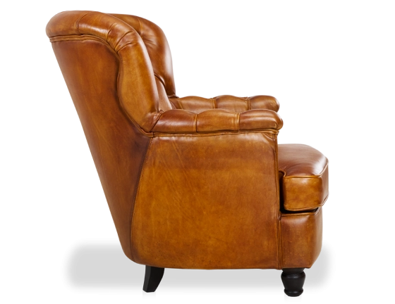 Fauteuil Chesterfield cuir cognac moyen dossier