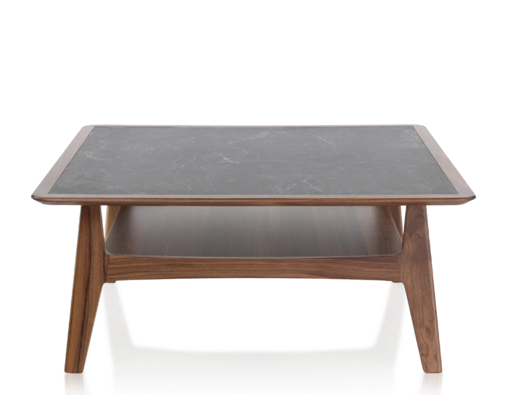 Table basse carré en noyer et céramique bois teinte naturelle plateau céramique effet ardoise 100x100 cm Table basse carré en noyer et céramique bois teinte naturelle plateau céramique effet ardoise 100x100 cm