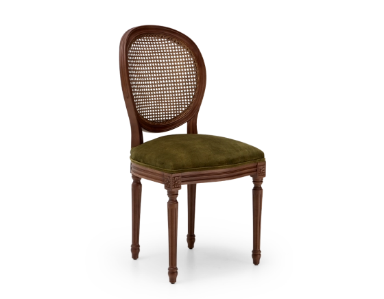 Chaise ancienne style Louis XVI bois teinte marron foncée dossier canné assise tissu velours vert olive