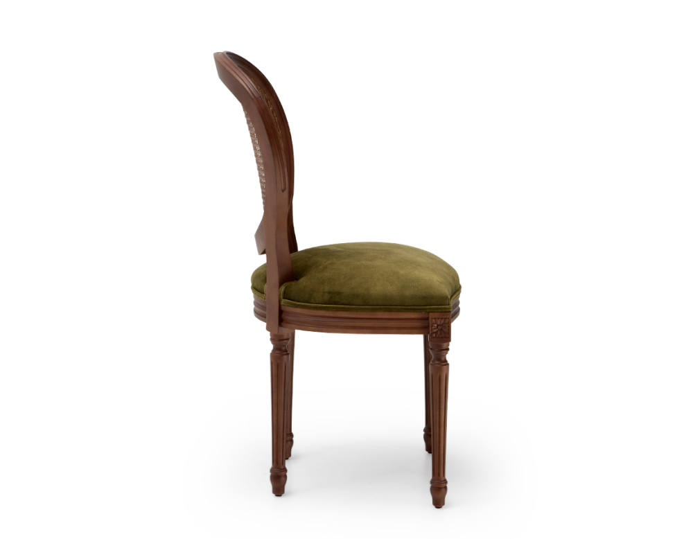 Chaise ancienne style Louis XVI bois teinte marron foncée dossier canné assise tissu velours vert olive Chaise ancienne style Louis XVI bois teinte marron foncée dossier canné assise tissu velours vert olive