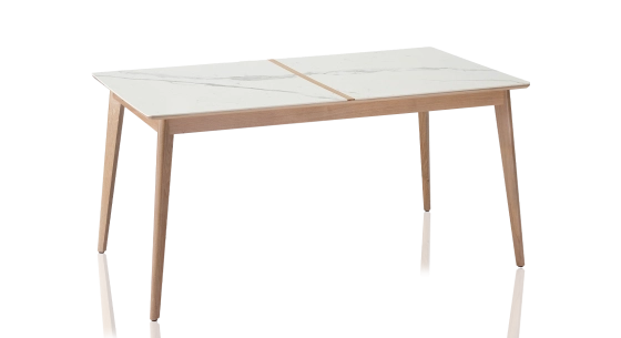 Table salle à manger 6 à 8 personnes en chêne et céramique avec bois teinte naturelle et plateau céramique effet marbre blanc 160x90 cm
