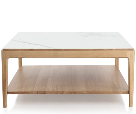 Table basse carrée en chêne naturel et céramique effet marbre blanc avec tablette 100x100 cm