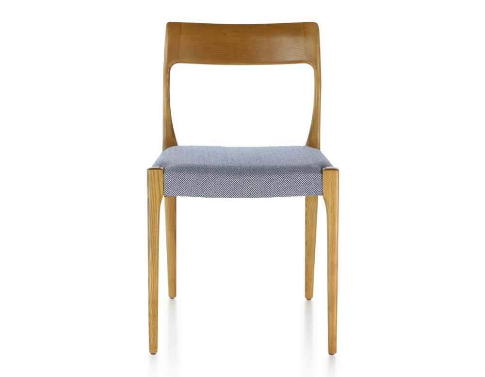 Scandinavian chair cherry-stained wood, blue chevron fabric seat Scandinavian chair cherry-stained wood, blue chevron fabric seat