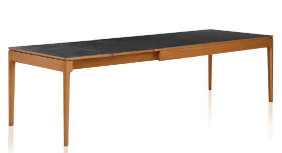 Table extensible en chêne et céramique allonges céramique avec bois teinte merisier et plateau et allonges céramique effet ardoise 140x100 cm