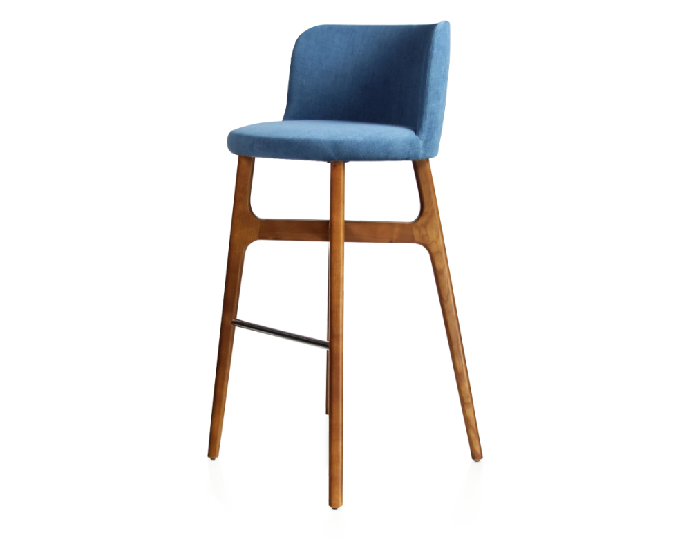 Tabouret de bar h80 cm bois teinte merisier assise tissu bleu jeans Tabouret de bar h80 cm bois teinte merisier assise tissu bleu jeans