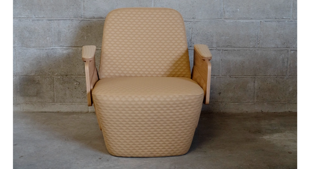 Armchair with armrests design natural walnut frame with anthracite grey fabric seat.