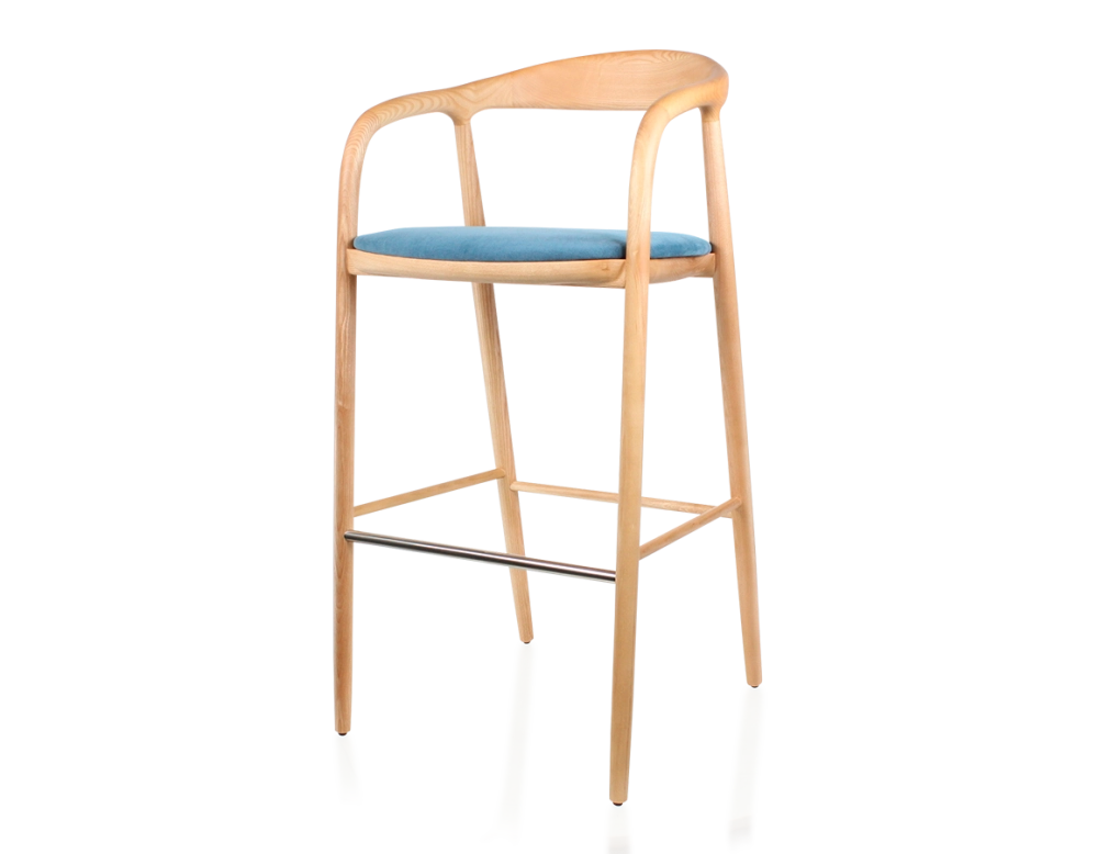 Bar stool h80 cm natural tint blue jean fabric seat natural wood stain and denim fabric Bar stool h80 cm natural tint blue jean fabric seat natural wood stain and denim fabric