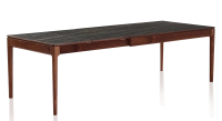 Table extensible 8 à 12 personnes en noyer et céramique allonges céramique avec bois teinte naturelle et plateau et allonges céramique effet marbre noir 160x100 cm