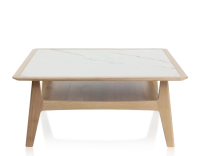Table basse carrée en chêne et céramique avec bois teinte naturelle plateau céramique effet marbre blanc 100x100 cm Table basse carrée en chêne et céramique avec bois teinte naturelle plateau céramique effet marbre blanc 100x100 cm