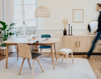 Upholstered oak designer chair natural tint wood, navy blue fabric seat Upholstered oak designer chair natural tint wood, navy blue fabric seat