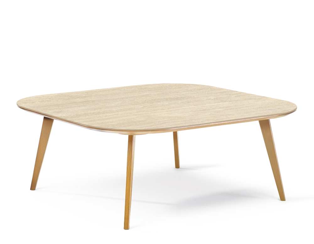Table basse carré aux angles arrondis F2 en chêne et céramique bois teinte naturelle plateau céramique effet pierre travertin 120x120x40 cm