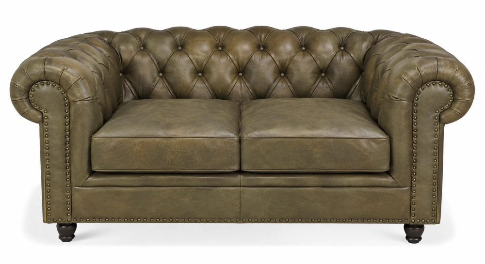 Canapé Chesterfield cuir 2 places vert olive accoudoirs cloutés