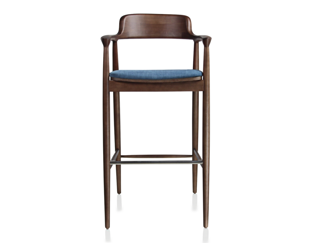 Tabouret de bar h80 cm bois teinte marron foncé assise tissu bleu jean Tabouret de bar h80 cm bois teinte marron foncé assise tissu bleu jean
