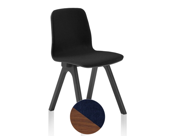 Upholstered oak designer chair walnut-stained wood, navy blue fabric seat