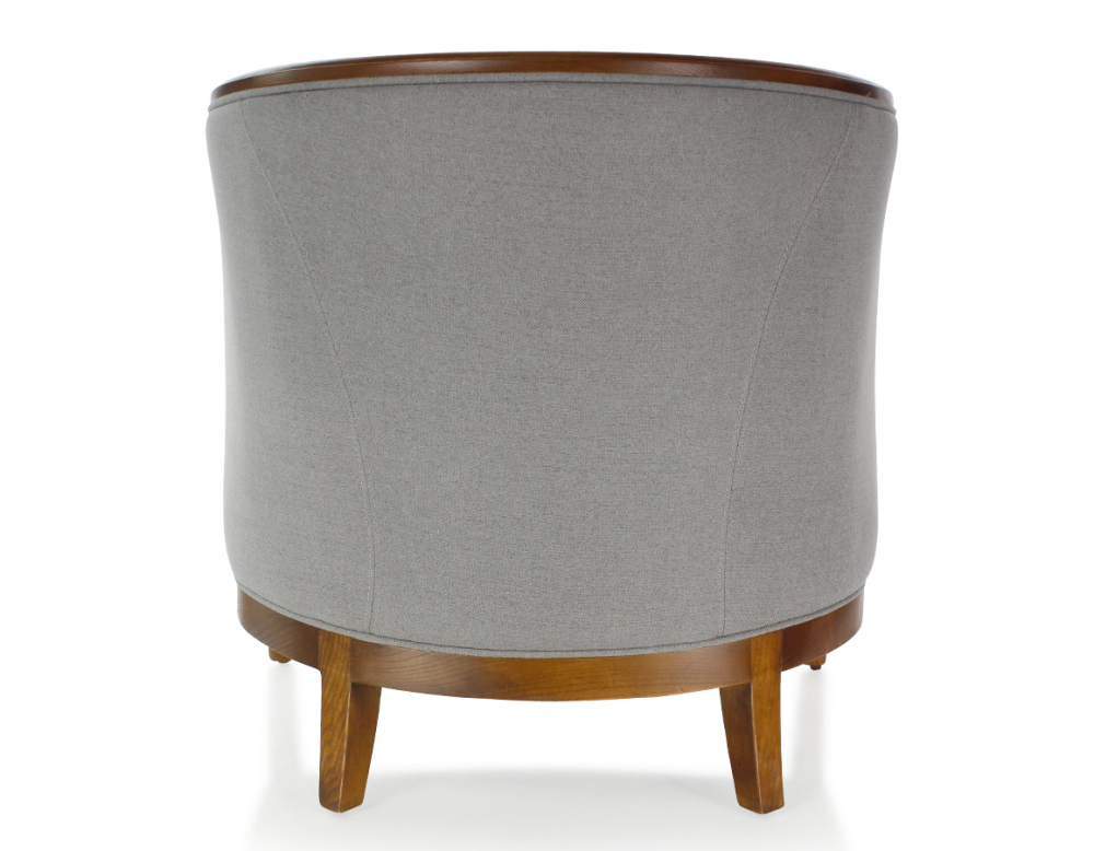 Fauteuil ancien accoudoirs moulurés bois teinte ancienne et tissu gris clair