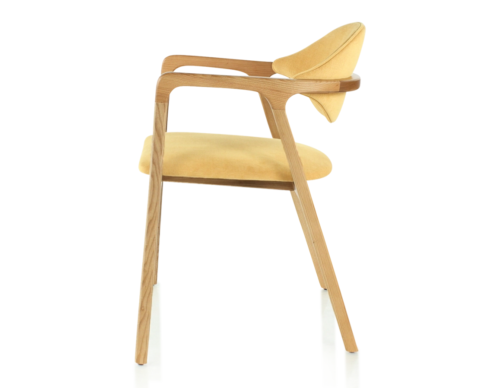 Chaise design avec accoudoirs bois teinte naturelle et tissu jaune Chaise design avec accoudoirs bois teinte naturelle et tissu jaune