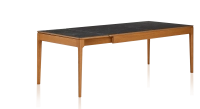 Table extensible 8 à 14 personnes en chêne et céramique allonges céramique avec bois teinte merisier et plateau et allonges céramique effet ardoise 210x100 cm
