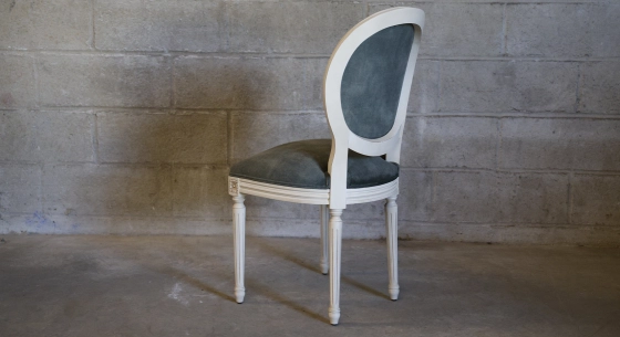 Louis XVI style antique chair wood antique stain and grey-green fabric