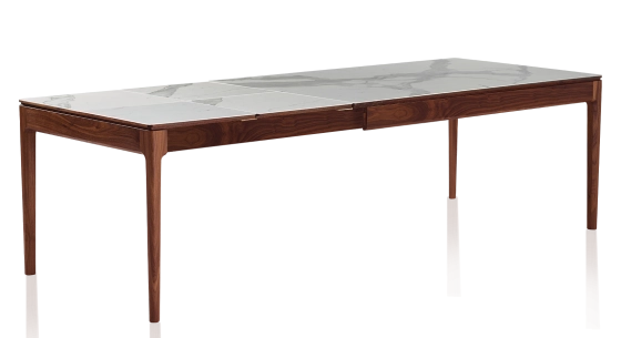 Extending table for 8 to 14 people in walnut and ceramic with ceramic extensions with natural stained wood and white marble effect ceramic top and extensions 210x100 cm