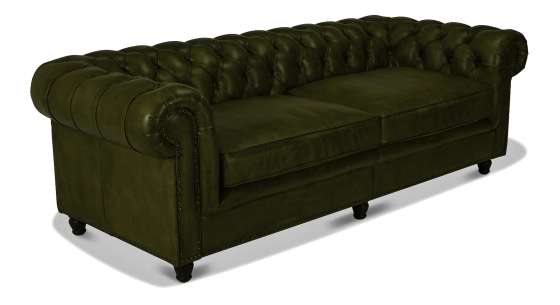 Canapé Chesterfield cuir 3 places vert olive accoudoirs cloutés