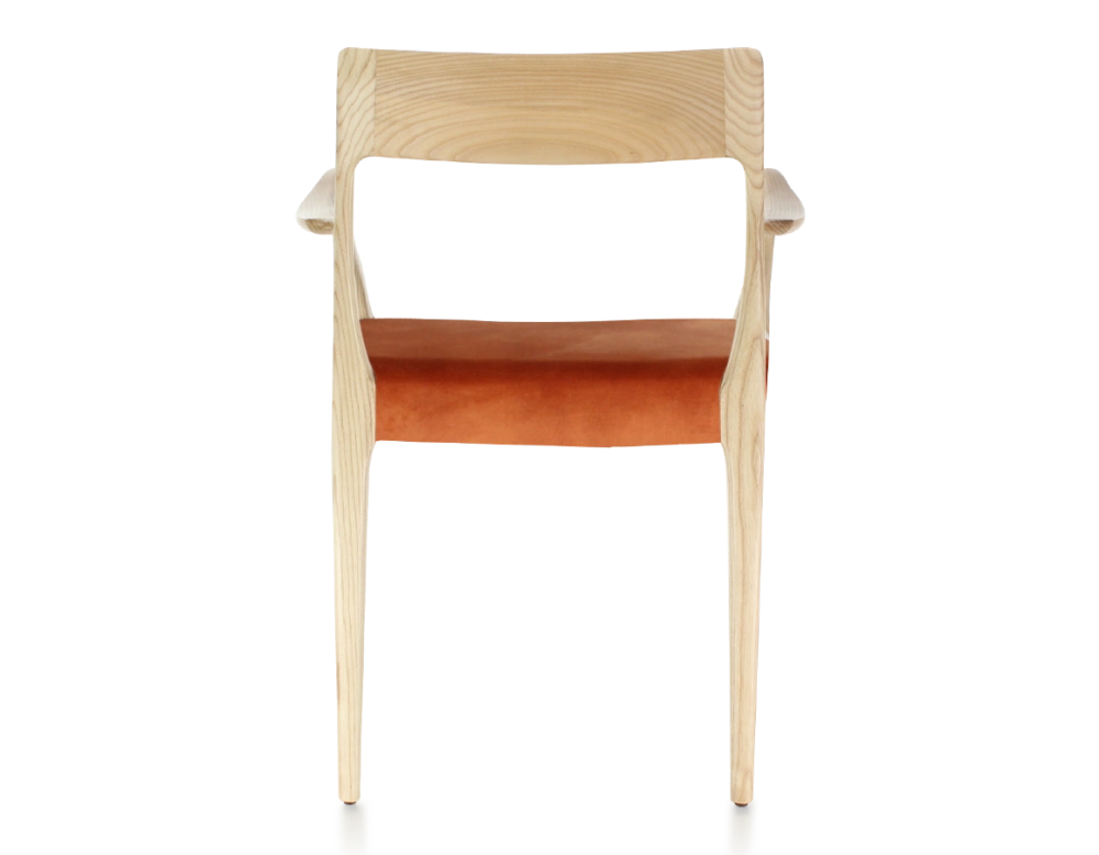 Scandinavian armchair with armrests wood stained natural seat terracotta velvet fabric Scandinavian armchair with armrests wood stained natural seat terracotta velvet fabric