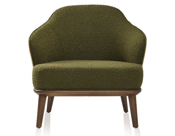 Fauteuil design cuir caramel et tissu bouclé vert
