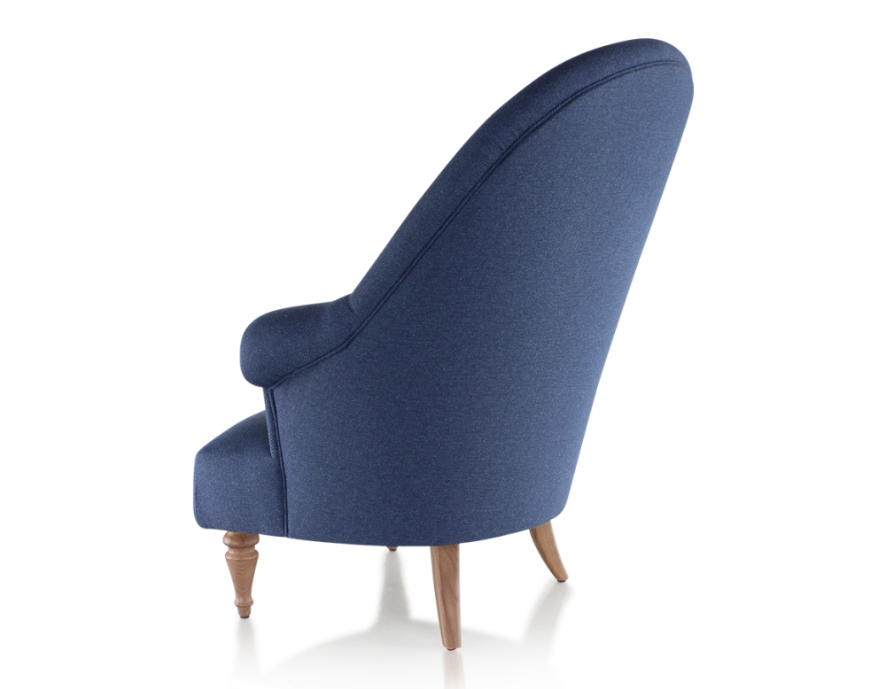 Fauteuil crapaud avec accoudoirs pieds bois teinte noyer et tissu bleu marine haut dossier Fauteuil crapaud avec accoudoirs pieds bois teinte noyer et tissu bleu marine haut dossier