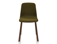Chaise design en chêne tapissé bois teinte marron foncé assise tissu bouclé vert Chaise design en chêne tapissé bois teinte marron foncé assise tissu bouclé vert