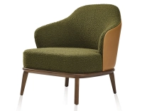 Fauteuil design cuir caramel et tissu bouclé vert Fauteuil design cuir caramel et tissu bouclé vert