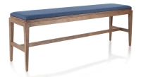 Banc design bois teinte noyer assise tissu bleu marine L160 cm Banc design bois teinte noyer assise tissu bleu marine L160 cm