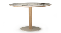 Table salle à manger ronde en chêne et céramique 6 personnes avec bois teinte naturelle et plateau céramique effet marbre blanc m3 120x120 Table salle à manger ronde en chêne et céramique 6 personnes avec bois teinte naturelle et plateau céramique effet marbre blanc m3 120x120