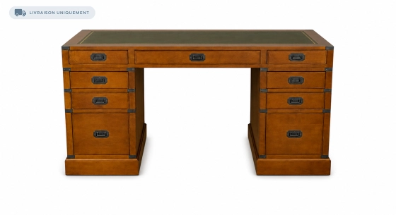 Bureau marine double caissons 9 tiroirs bois teinte merisier et cuir vert