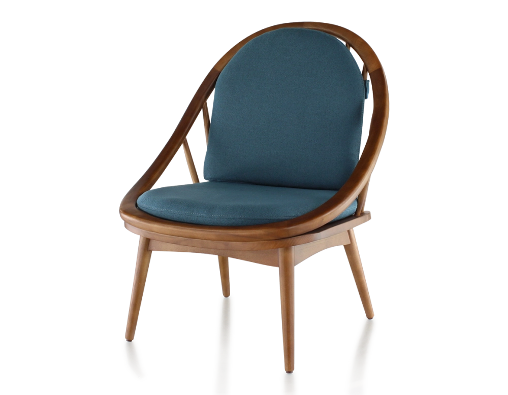 Fauteuil scandinave bois teinte merisier et tissu bleu océan Fauteuil scandinave bois teinte merisier et tissu bleu océan