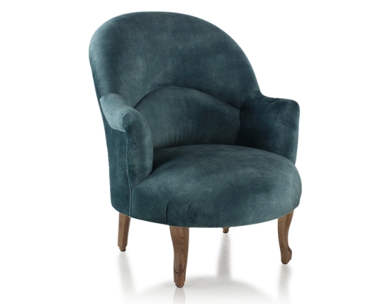 Fauteuil crapaud avec accoudoirs pieds bois teinte noyer et tissu velours bleu pétrole