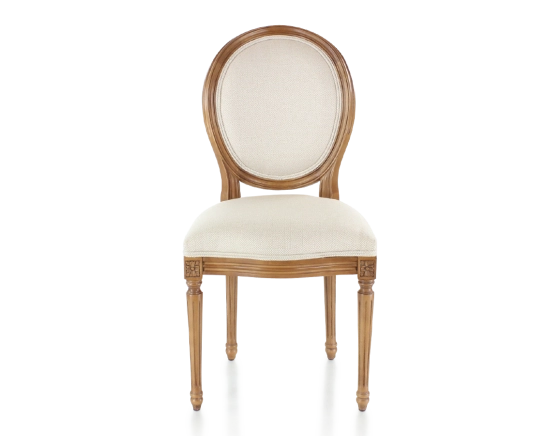 Antique Louis XVI style chair aged wood stain and white bouclé fabric