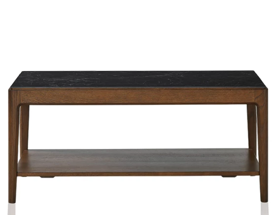 Table basse rectangulaire en chêne et céramique avec tablette en bois teinte marron foncé plateau céramique effet ardoise 100x50 cm