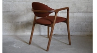 Walnut Designer armchair natural wood finish and brown fabric