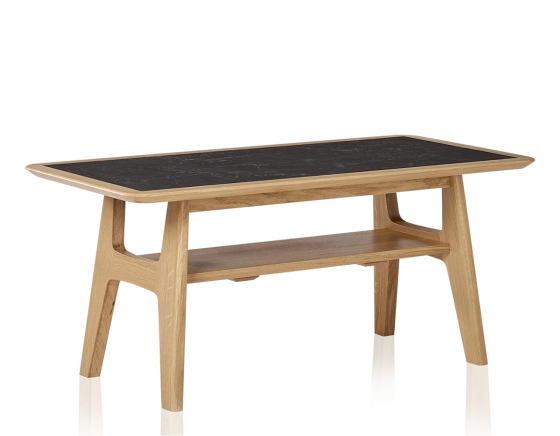 Rectangular coffee table in oak and ceramic with natural stained wood, slate effect ceramic top 100x50 cm