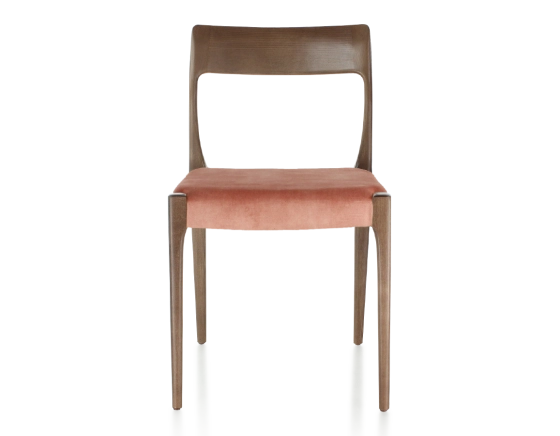 Scandinavian chair wood stained dark brown seat pale pink velvet fabric